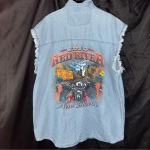 Biker wear Raw Hem Button Down Denim Vest Sleeveless  Shirt 2010 Red River NM